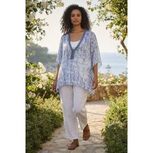 Chicos Boho Beachy Semi Sheer Blouse Beaded Chiffon Peasant Flowy Oversized S/M